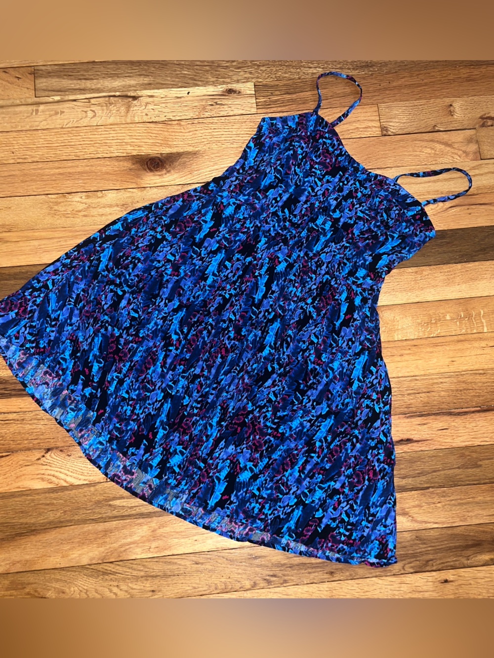 Express Blue floral abstract Mini Dress with Pink and black Accents- has pockets